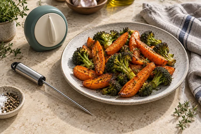 Roasted vegetables, a kitchen timer and a thermometer